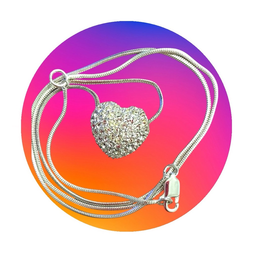 Silver Heart Necklace 925 Sterling Silver Rhinestone Heart Womens Stunning - Picture 4 of 8